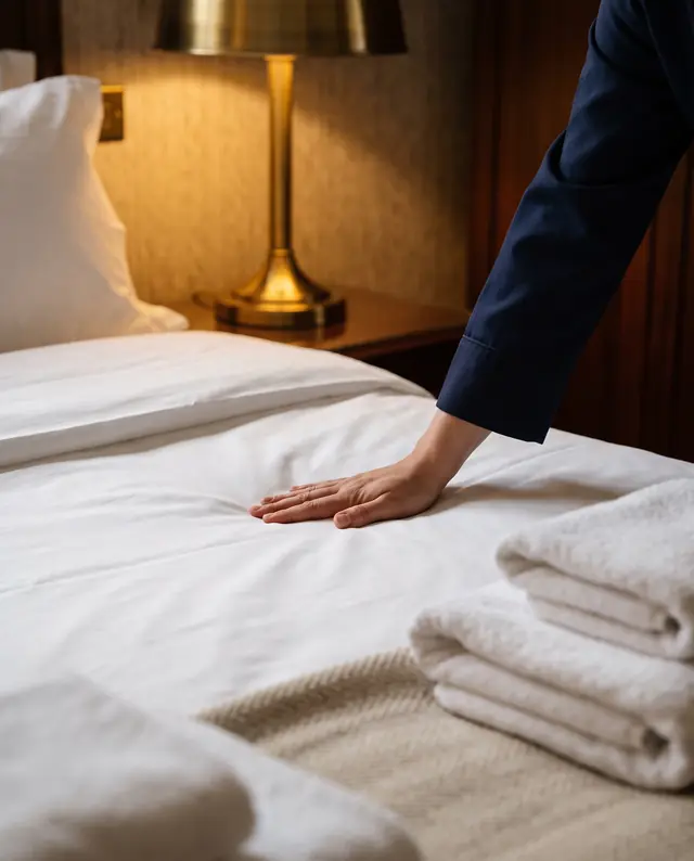 Frisch bezogenes Hotelbett mit gefalteten Handtüchern wird glatt gestrichen