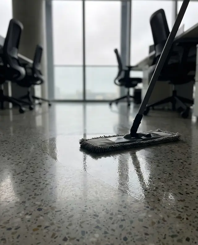 Flachmopp zieht eine glänzende Spur über einen Terrazzoboden im Büro