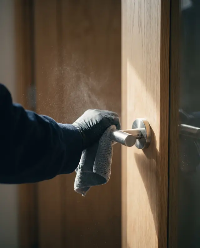 Türgriff wird mit Handschuh und Tuch desinfiziert
